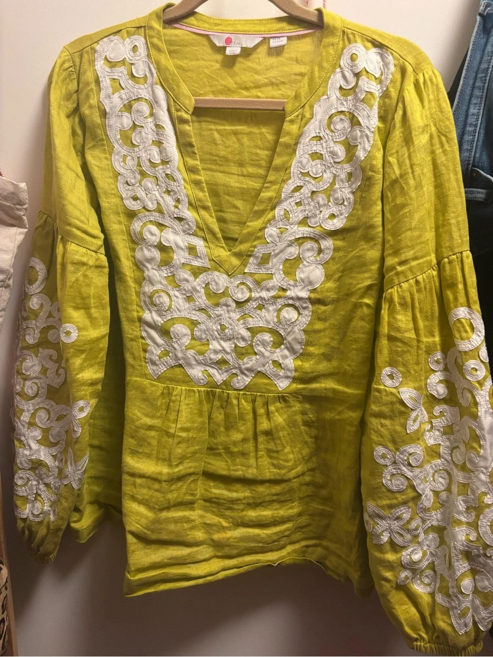 Boden Leonie Embroidered Women’s Linen Top in Chartreuse Yellow—Sz 16